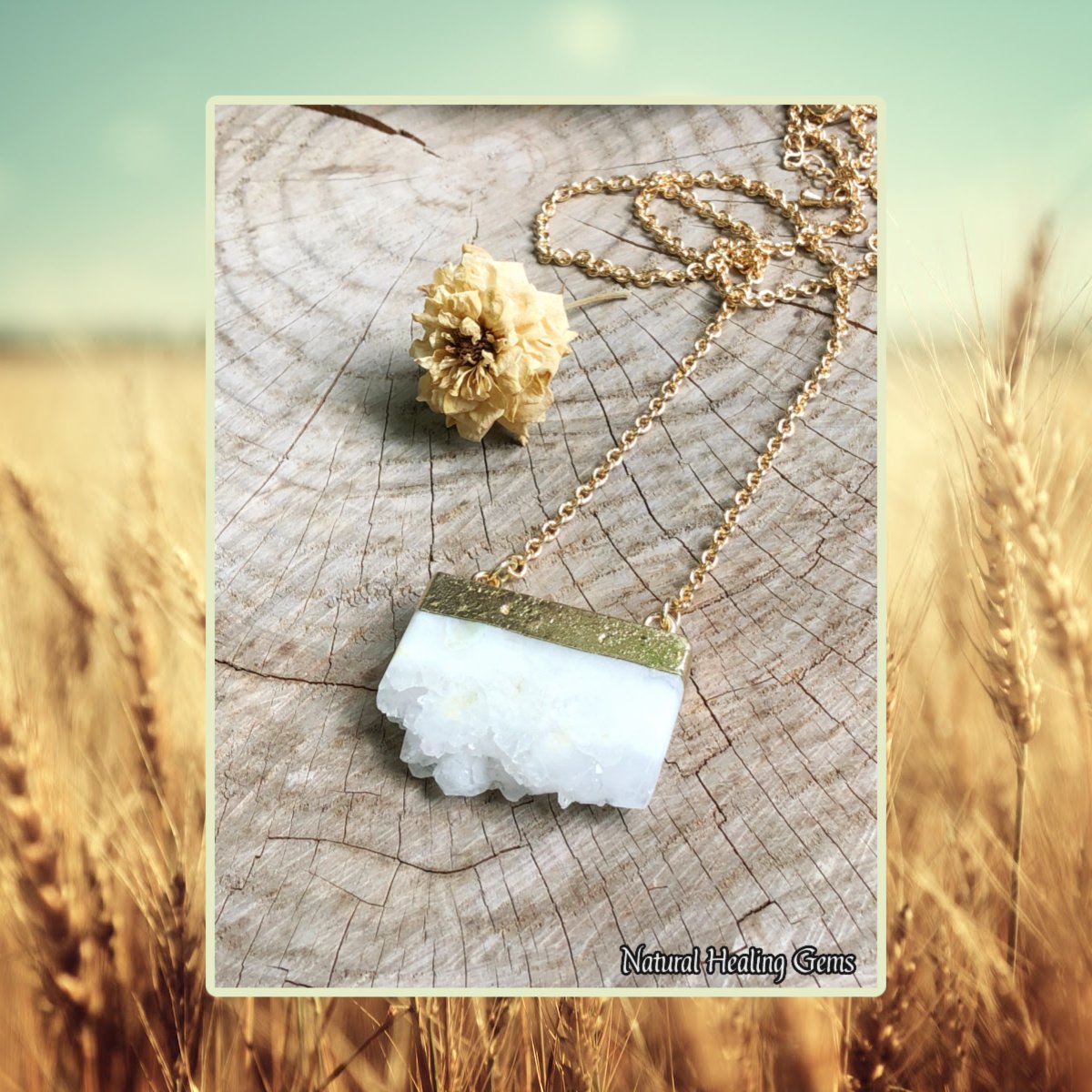 White Druzy Quartz Slab Necklace for Positive Vibes